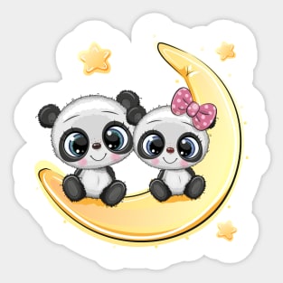 Two cute pandas is sitting on the moon. Sticker